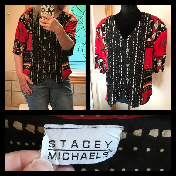 Stacey Michaels Bohemian Blouse: 80s Red Black Geometric Print Tunic, Size 20W - Picture 8 of 9